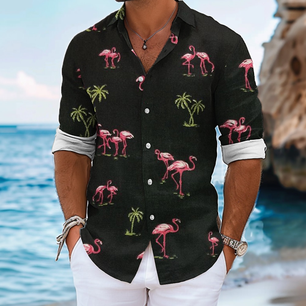 Herren Flamingo Lässiges Hemd Aloha-Shirt Langarm Hawaiianisch Resort Urlaub Casual Sommer Frühling Umlegekragen Knopf hoch Schwarz Lightinthebox