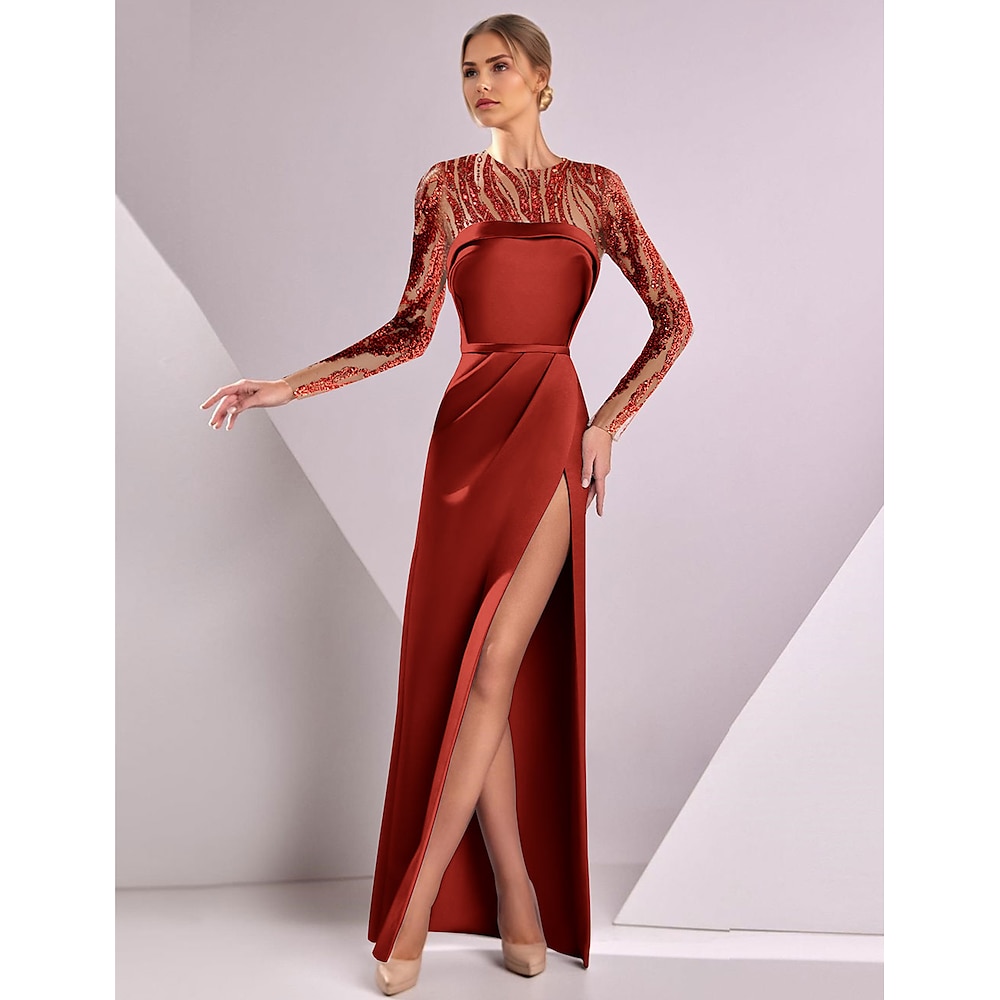 A-Linie Abendkleider Elegant Kleid Formal Hochzeit Boden-Länge Langarm Illusionsausschnitt Champagnerfarbenes Kleid für die Brautmutter Satin mit Schlitz Stickerei Applikationen 2024 Lightinthebox