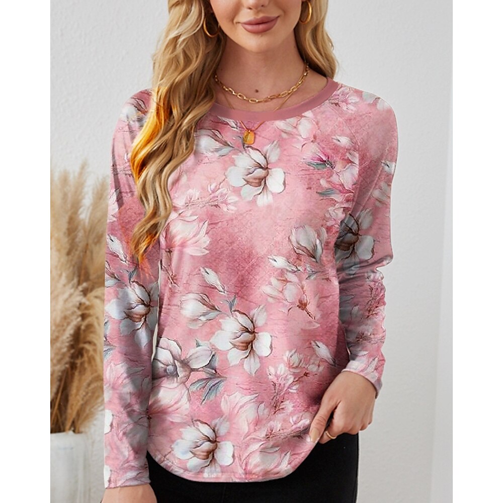 Damen T Shirt Brautkleider schlicht Blumen Ölgemälde Blumen Lange Oberteile Langarm Rundhalsausschnitt Bedruckt Regular Fit Täglich Rosa Herbst Winter Lightinthebox