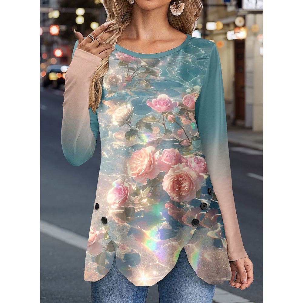 Damen T Shirt Brautkleider schlicht Rose Normale Oberteile Langarm Rundhalsausschnitt Knopf Bedruckt Asymmetrisch Regular Fit Täglich Blau Frühling Herbst Lightinthebox