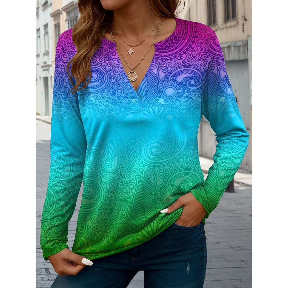 Damen T Shirt Brautkleider schlicht Farbverlauf Normale Oberteile Langarm Gekerbter Hals Knopf Bedruckt Regular Fit Urlaub Täglich Blau Frühling Herbst Lightinthebox