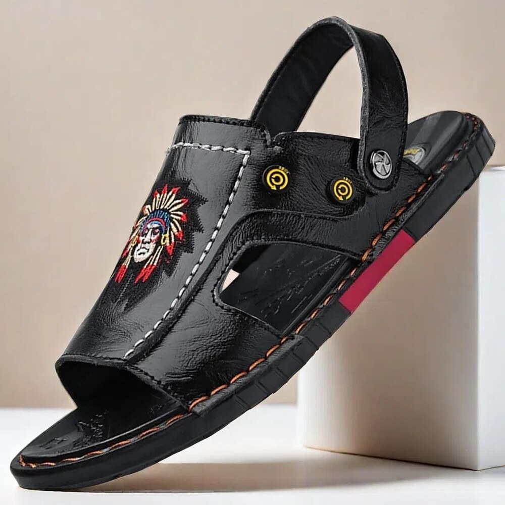 Schwarze Slingback-Sandalen aus Kunstleder für Herren mit indianischer Stickerei, bequeme Schlupfschuhe für den Sommer und die Freizeit Lightinthebox