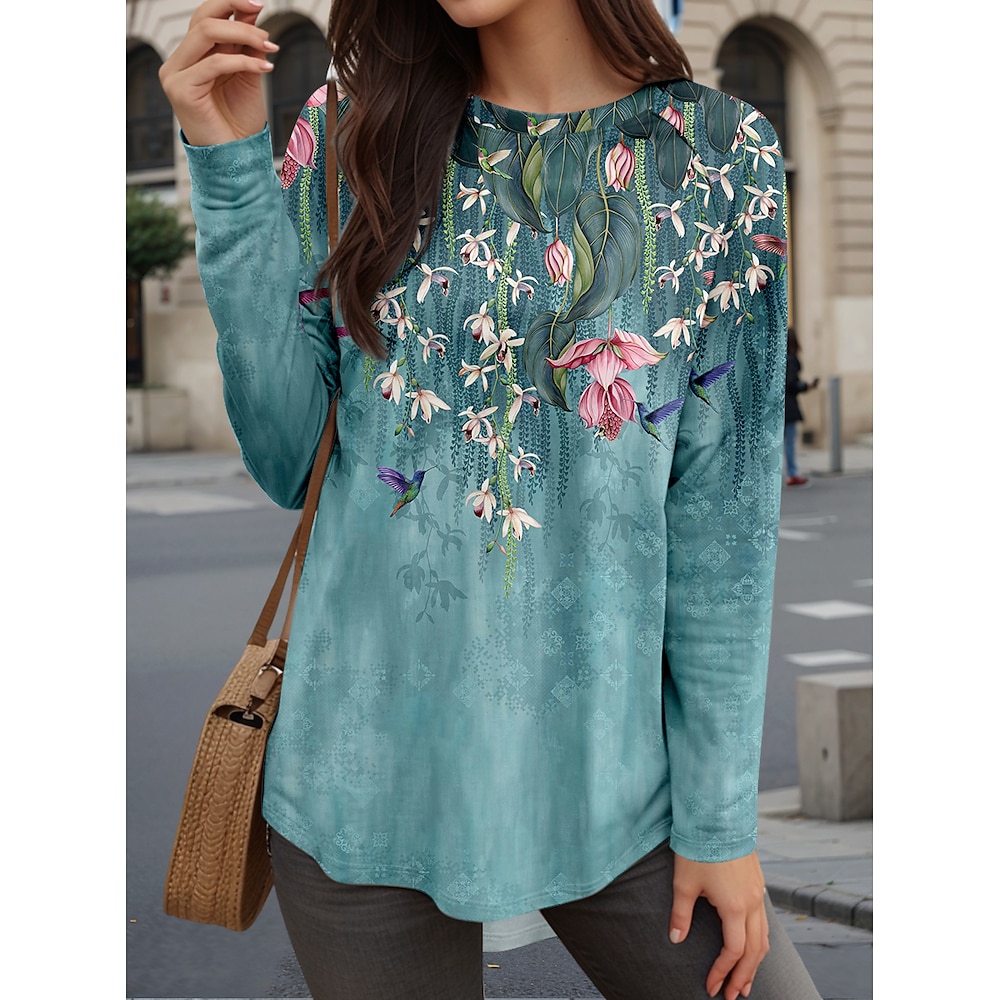 Damen T Shirt Brautkleider schlicht Blumen Lange Oberteile Langarm Rundhalsausschnitt Bedruckt Regular Fit Täglich Blau Herbst Winter Lightinthebox