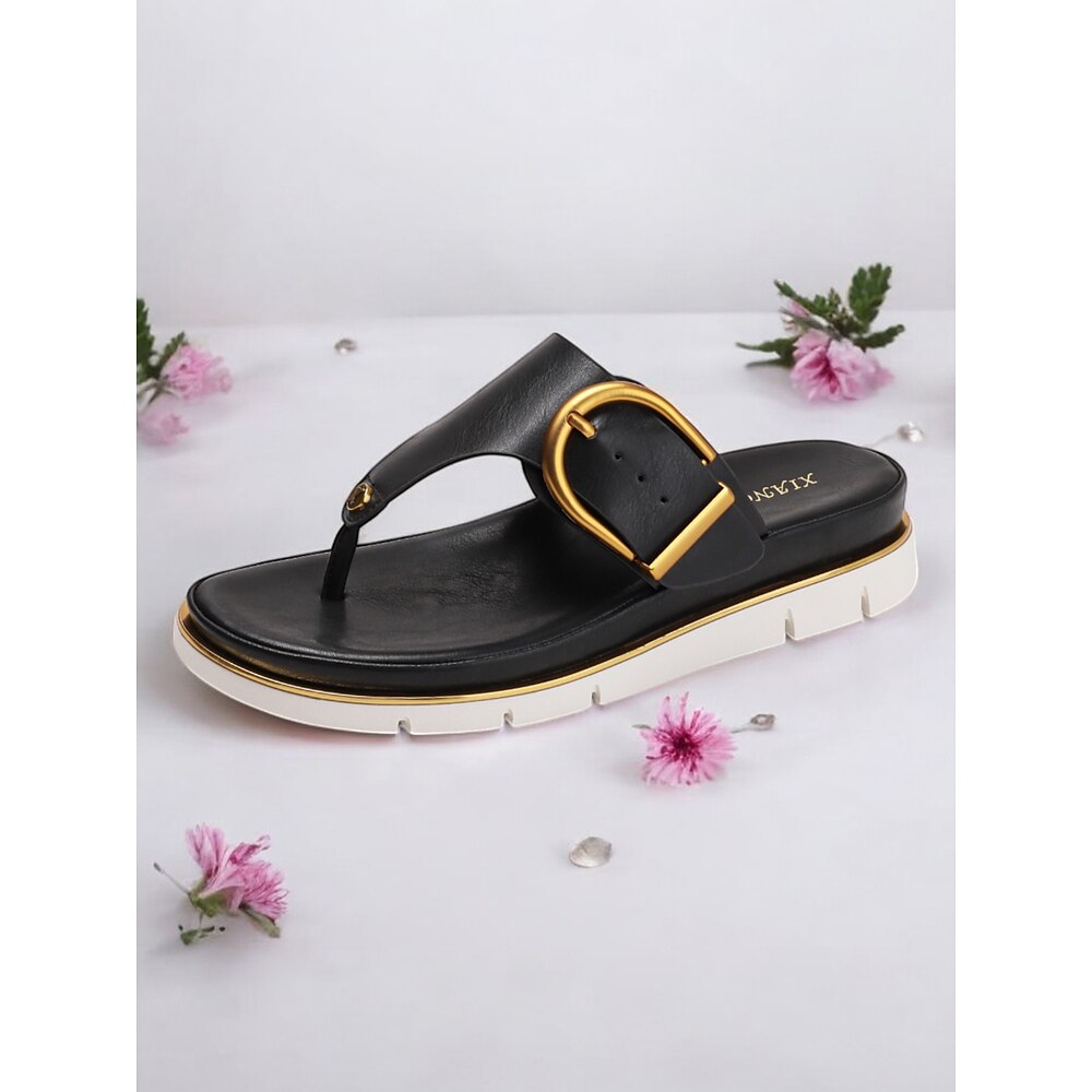 Schwarze Flip-Flop-Sandalen aus Kunstleder für Damen mit goldener Schnalle und gepolsterter Sohle - bequeme Sommerschuhe für legere Ausflüge Lightinthebox