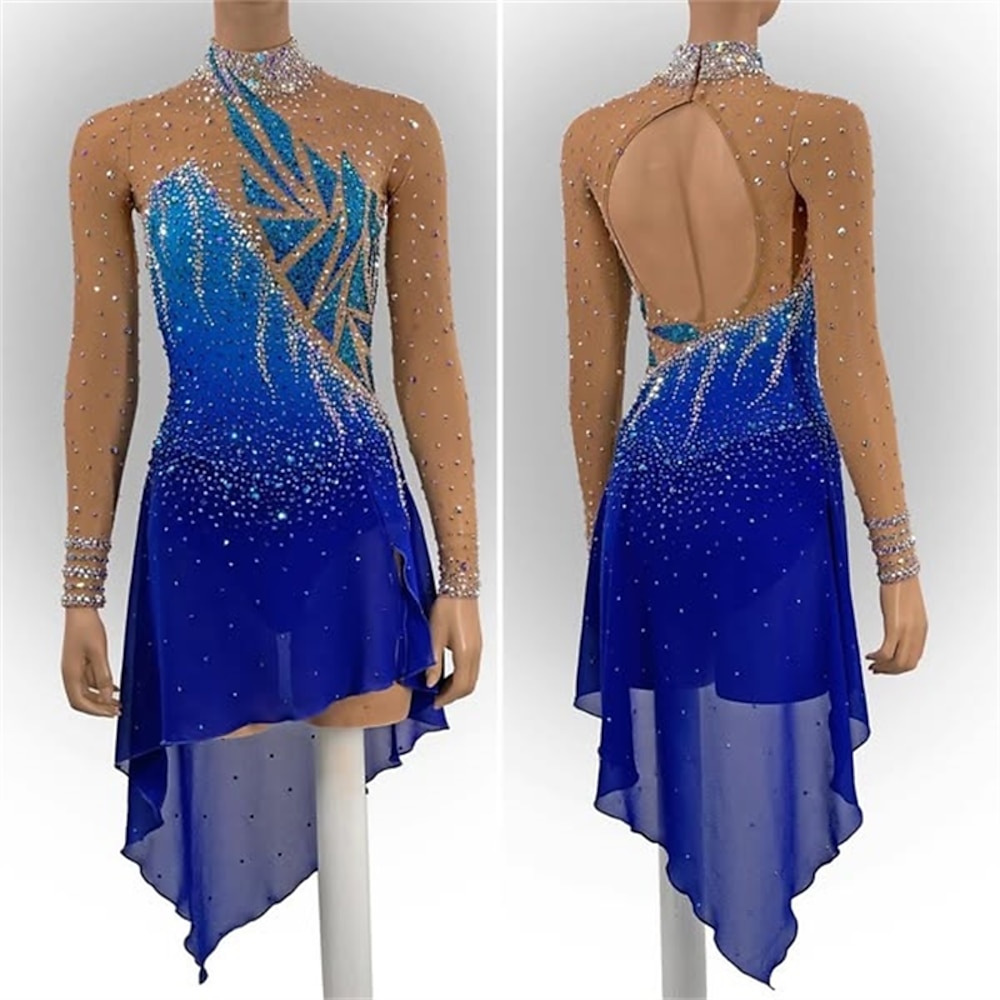 Eiskunstlaufkleid Damen Mädchen Eislaufen Kleider Blau Rückenfrei Asymmetrischer Saum Gitter Hochelastisch Ausbildung Wettbewerb Eiskunstlaufkleidung Klassisch Kristalle Langarm Eislaufen Lightinthebox