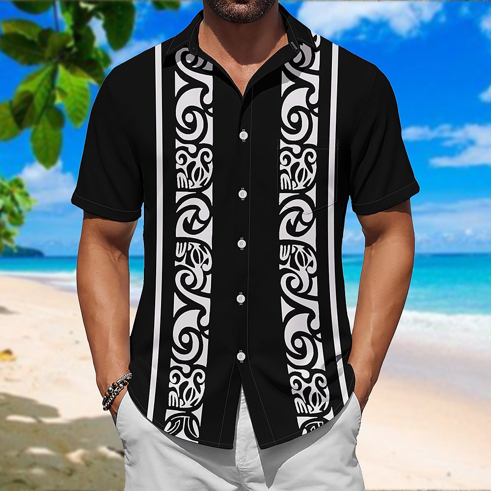 Herren Blumen Ethnisch Linie Hemd Kurze Ärmel Künstlerisch Brautkleider schlicht Komfortabel Outdoor Urlaub Strasse Frühling Sommer Hemdkragen Print Schwarz Lightinthebox