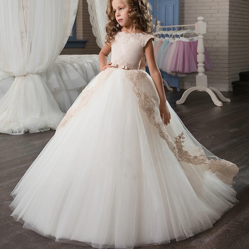 Blumenmädchenkleid Kinder Mädchen Prinzessinenkleid Kleid für die Erstkommunion Leistung Hochzeit Party Elegant Schön Gitter Feste Farbe Ärmellos Rundhalsausschnitt Hellgelb Weiß 4 Jahre Lightinthebox