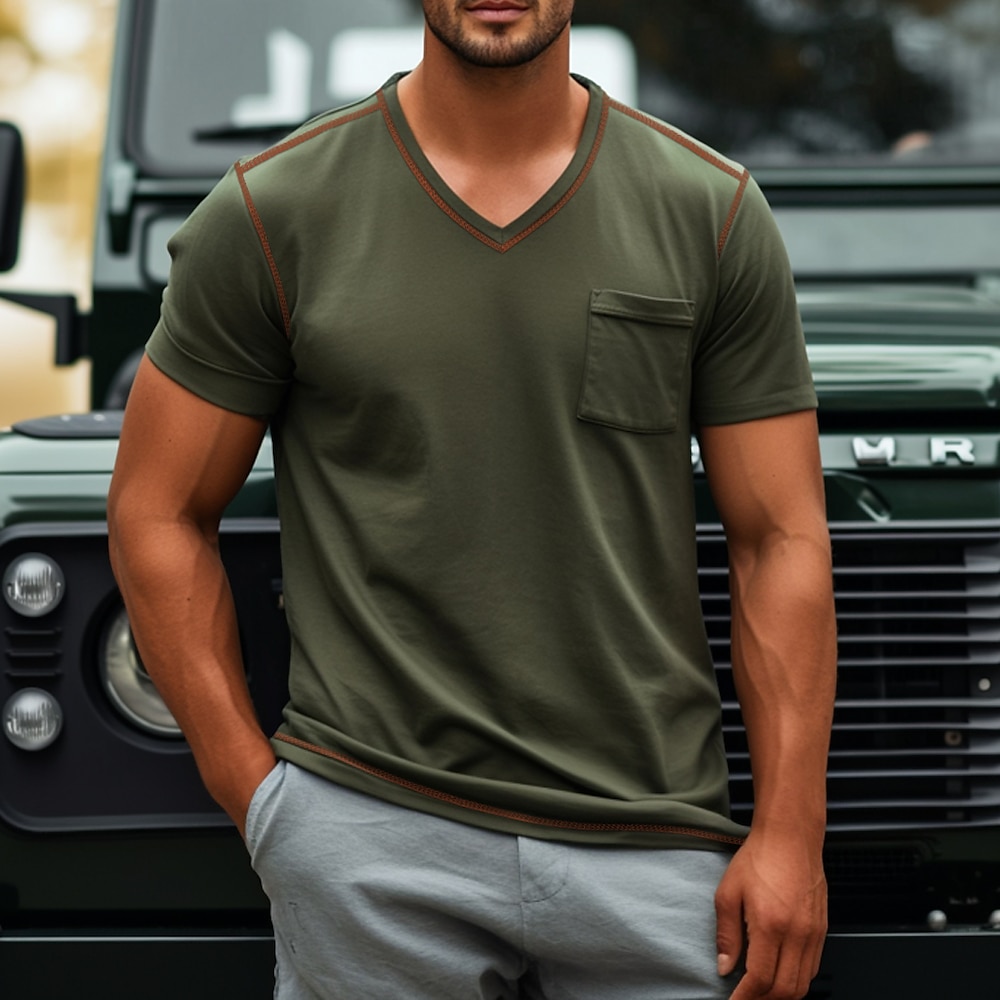 Herren T Shirt T-Shirt mit V-Ausschnitt Feste Farbe V Ausschnitt Outdoor Arbeit Kurzarm Tasche Klassicher Stil Bekleidung Elegant Vintage Modisch Lightinthebox