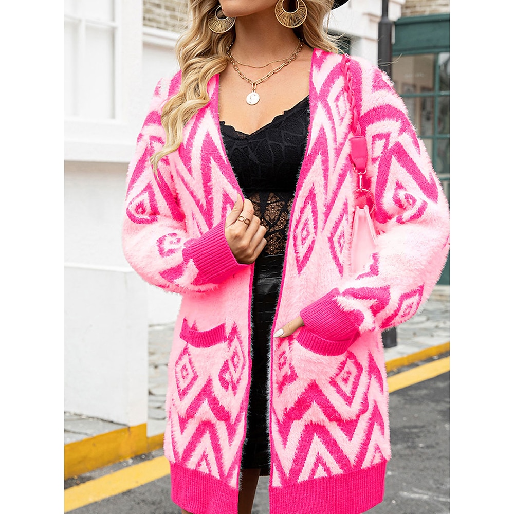 Damen Pullover Strickjacke Elegant Modisch Strassenmode Geometrisch V Ausschnitt Tasche Strick Langarm Lange Oberteile Stricken Outdoor Täglich Wochenende Schwarz Rosa Herbst Winter Lightinthebox