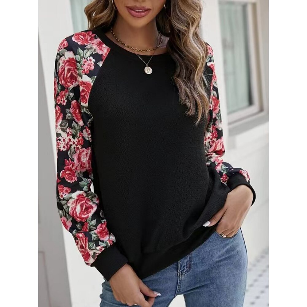 Damen Valentinstag Pullover Sweatshirt Blumenmuster Regular Tops Langarm Rundhalsausschnitt Print Regular Fit Street Casual Alltagskleidung Schwarz Wein Frühling Herbst Lightinthebox