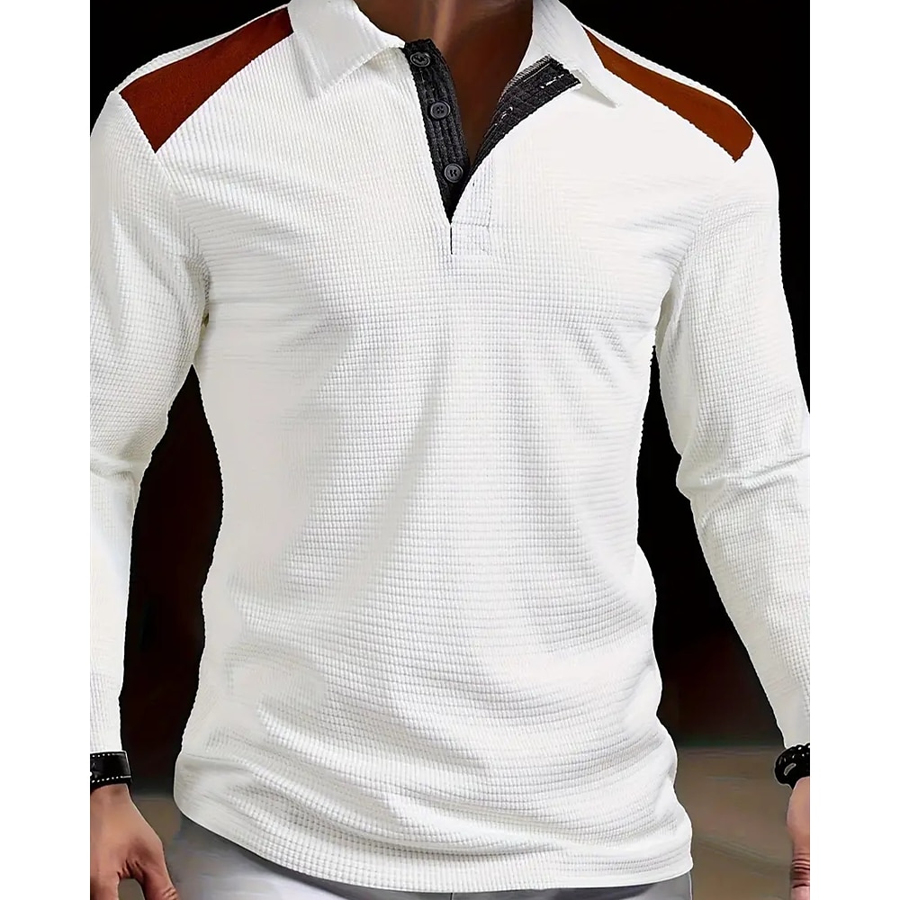 Herren Poloshirts zum Suchbegriff: Waffel Golfhemd Arbeit Casual Kargen Langarm Basic Modern Farbblock Patchwork Knopf Frühling Herbst Regular Fit Weiß Poloshirts zum Suchbegriff: Waffel Lightinthebox