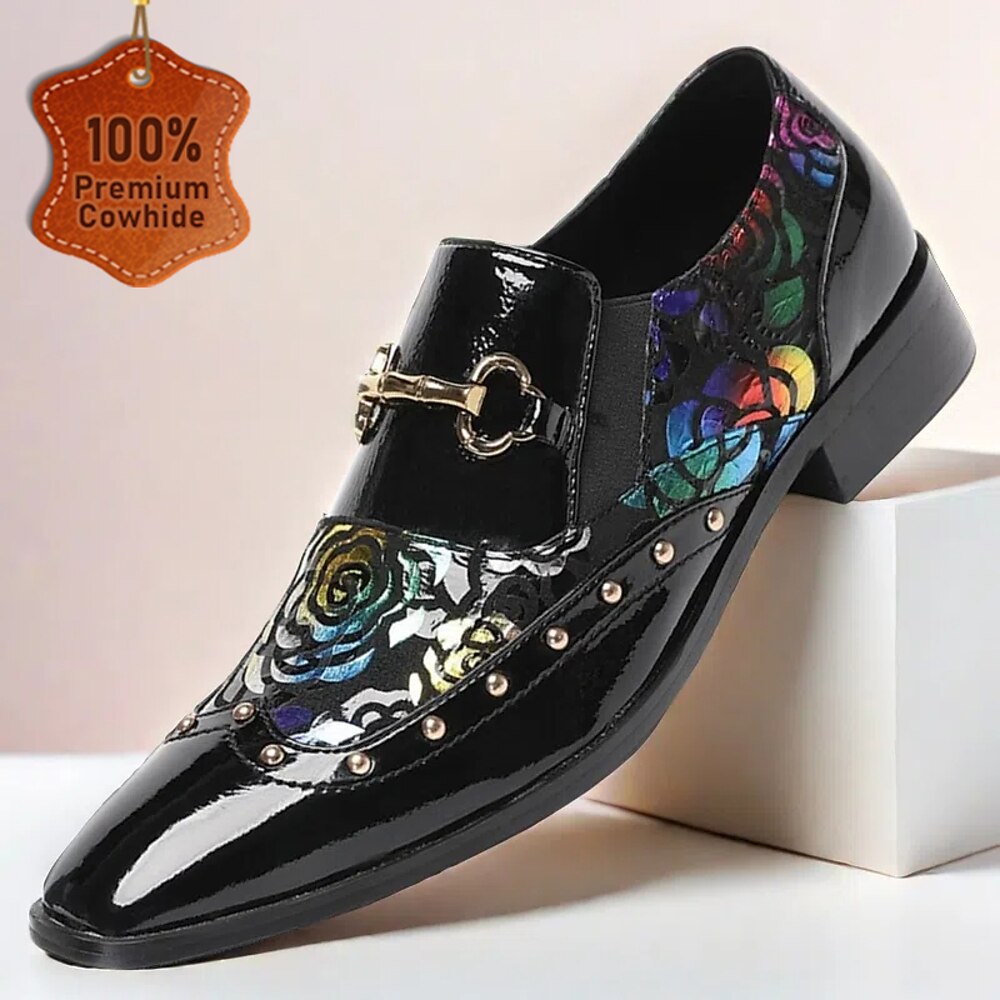 Schwarze Lackleder-Loafer für Herren mit Blumen- und Metallschnalle - formelle Schuhe aus hochwertigem Rindsleder für Hochzeiten, Partys und besondere Anlässe Lightinthebox