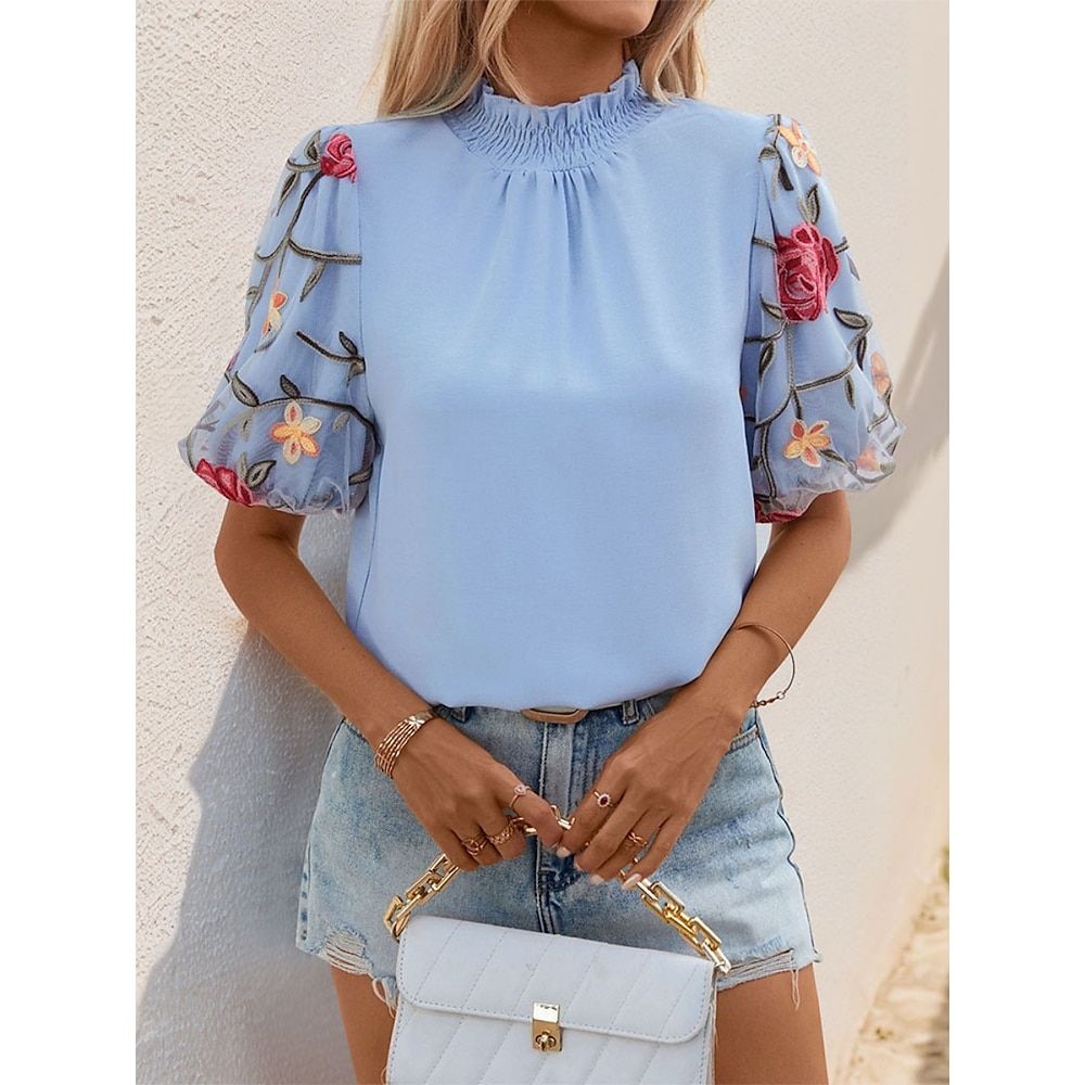 Damen Hemd Bluse Brautkleider schlicht Gitter Kurzarm Normale Oberteile Rollkragen Täglich Blau Sommer Frühling Lightinthebox