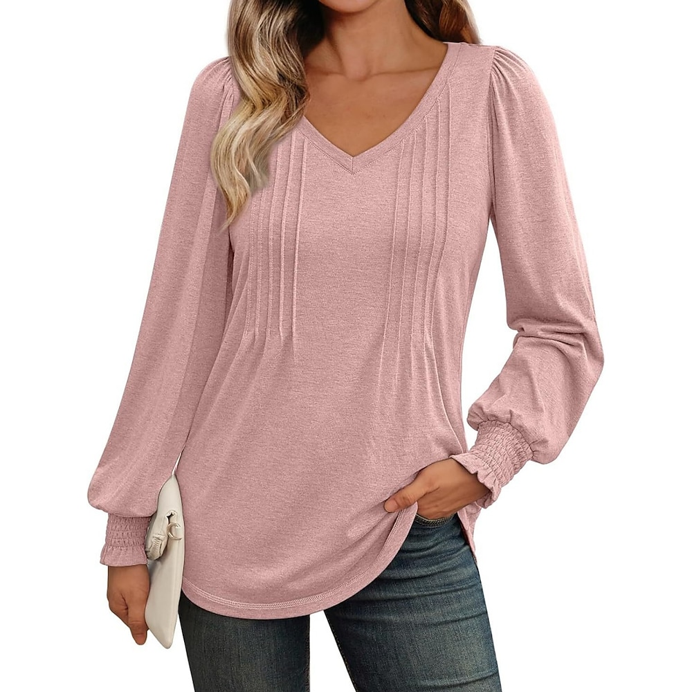 Damen Hemd Bluse Basic Brautkleider schlicht Feste Farbe Normale Oberteile Langarm V Ausschnitt Rüschen Gesmoktes Regular Fit Täglich Rosa Blau Grün Sommer Frühling Lightinthebox