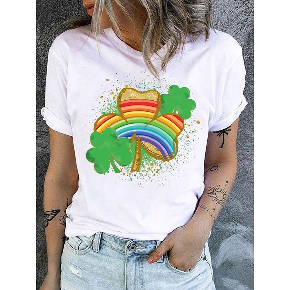 Damen T Shirt 100% Baumwolle Brautkleider schlicht Bedruckt Kurzarm Normale Oberteile St.Patrick's Day Täglich Weiß Sommer Lightinthebox