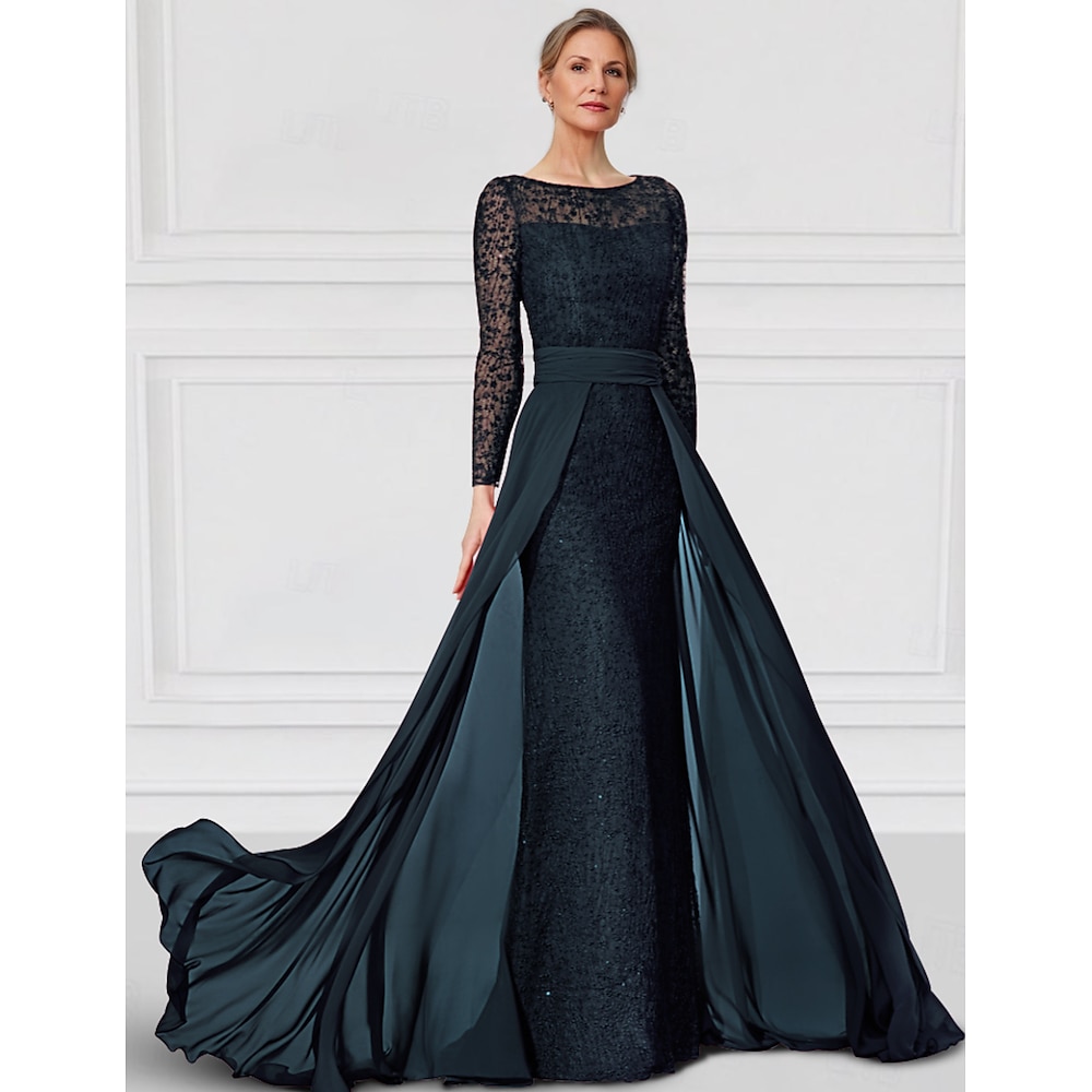 Eng anliegend Kleid Brautmutterkleid Elegant Halsboot Boden-Länge Chiffon Spitze Langarm mit Spitze Einheitliche Farbe 2024 Lightinthebox