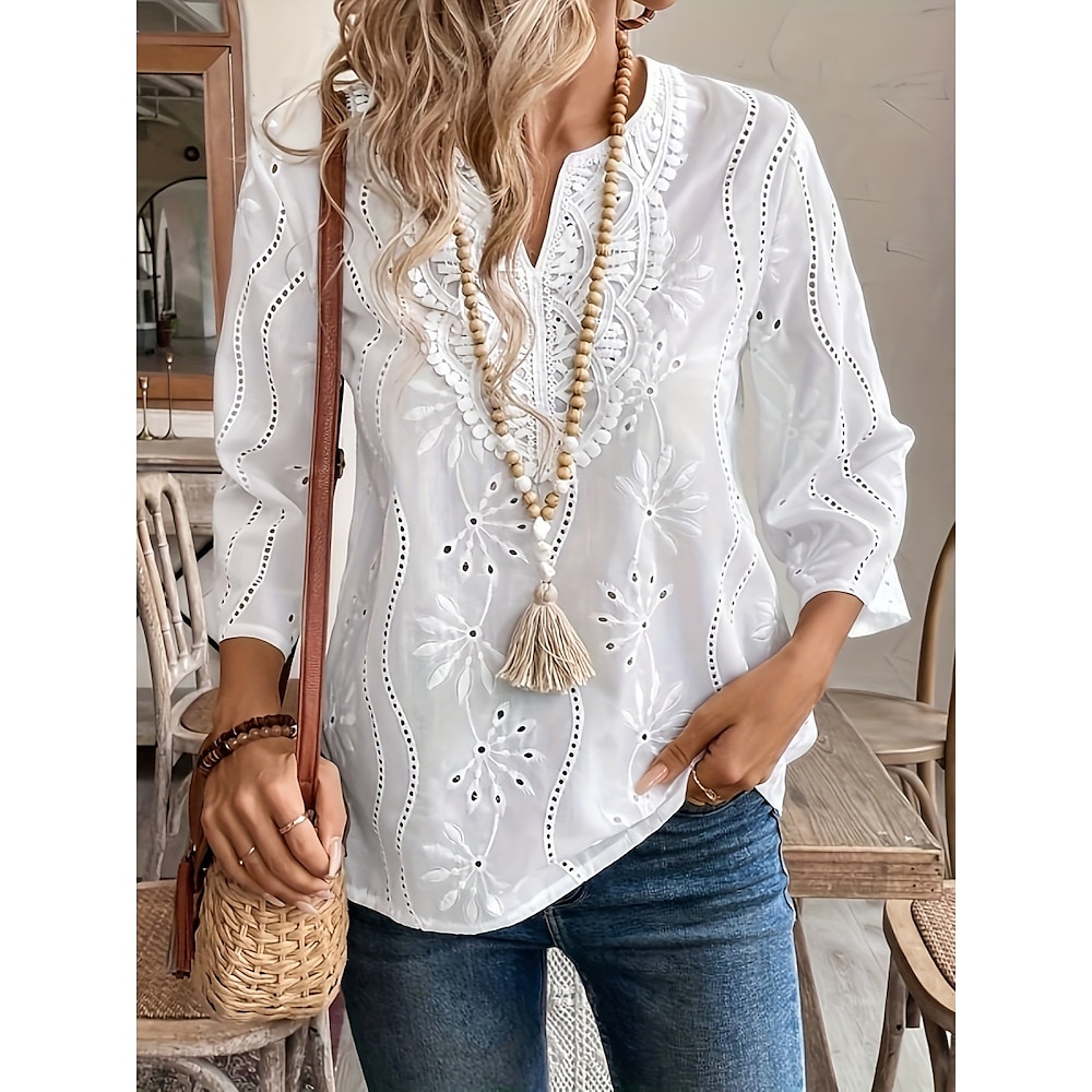 Damen Elegante Weiße Spitzen Tops Ösen Bluse Lässig Einfarbig Reguläre Tops Langarm Eingekerbter Ausschnitt Ösen Reguläre Passform Täglich Weiß Romantische Petite Tops Sommer Urlaub Tragen Lightinthebox