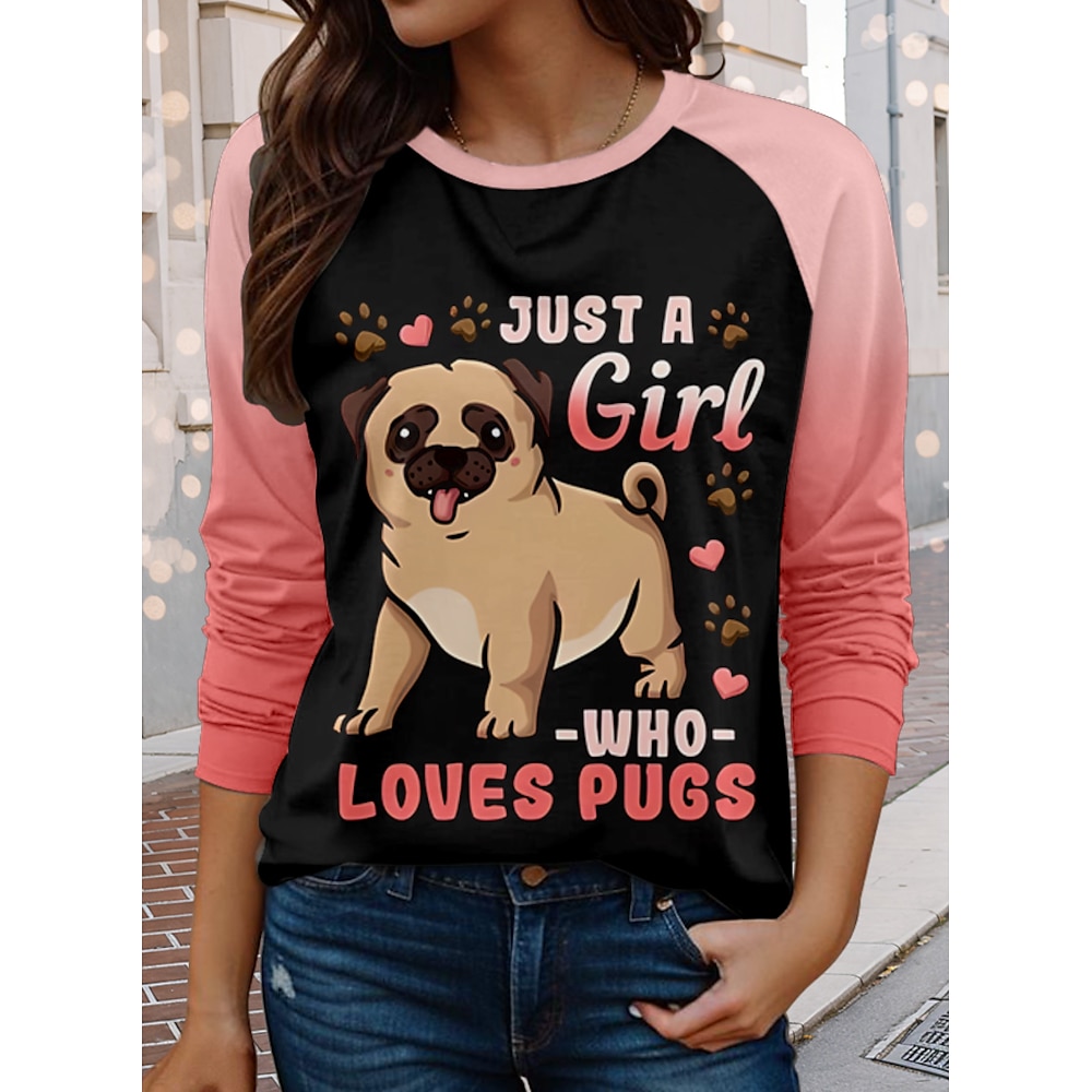 Damen T Shirt Brautkleider schlicht Hund Buchstabe Lange Oberteile Langarm Rundhalsausschnitt Bedruckt Regular Fit Täglich Rosa Herbst Winter Lightinthebox