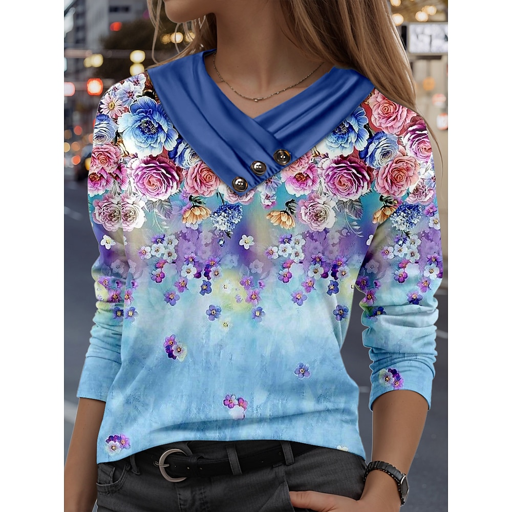 Damen T Shirt Stilvoll Brautkleider schlicht Blumen Normale Oberteile Langarm V Ausschnitt Knopf Bedruckt Regular Fit Täglich Blau Frühling Herbst Lightinthebox