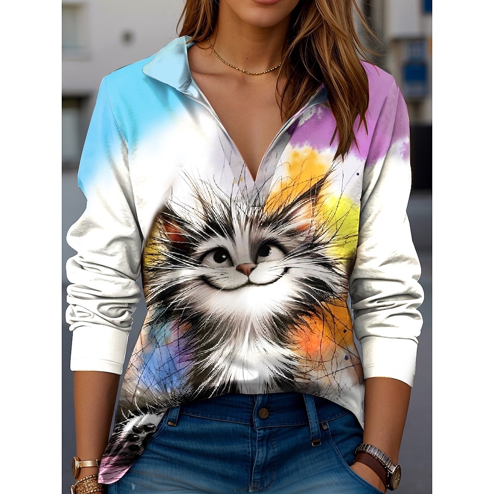 Damen Hemd Modern Katze Normale Oberteile Langarm V Ausschnitt Hemdkragen Bedruckt Formschluss Arbeit Weiß Sommer Frühling Herbst Lightinthebox