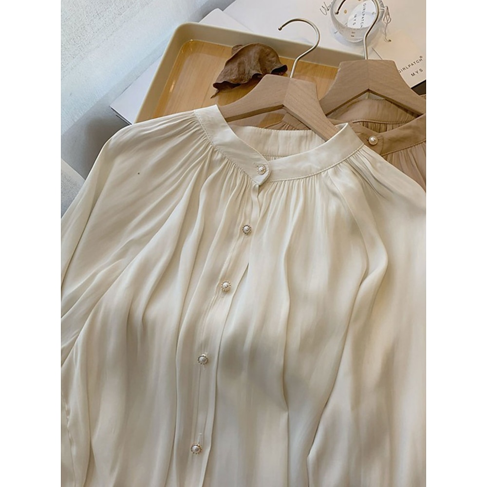 Damen Hemd Elegant Stilvoll Brautkleider schlicht Feste Farbe Normale Oberteile Langarm Stehkragen Lockere Passform Arbeit Täglich Ausgehen Schwarz Blau Khaki Beige Sommer Frühling Herbst Lightinthebox