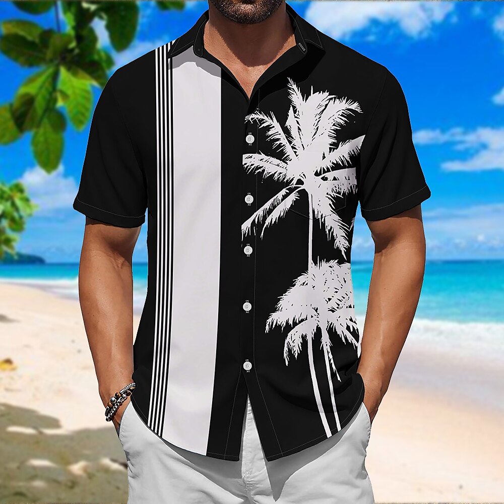 Herren Pflanze Linie Hawaiihemd Sommerhemd Bowling-Shirt Aloha-Shirt Kurze Ärmel Künstlerisch Brautkleider schlicht Komfortabel Outdoor Urlaub Strasse Frühling Sommer Hemdkragen Print Schwarz Lightinthebox