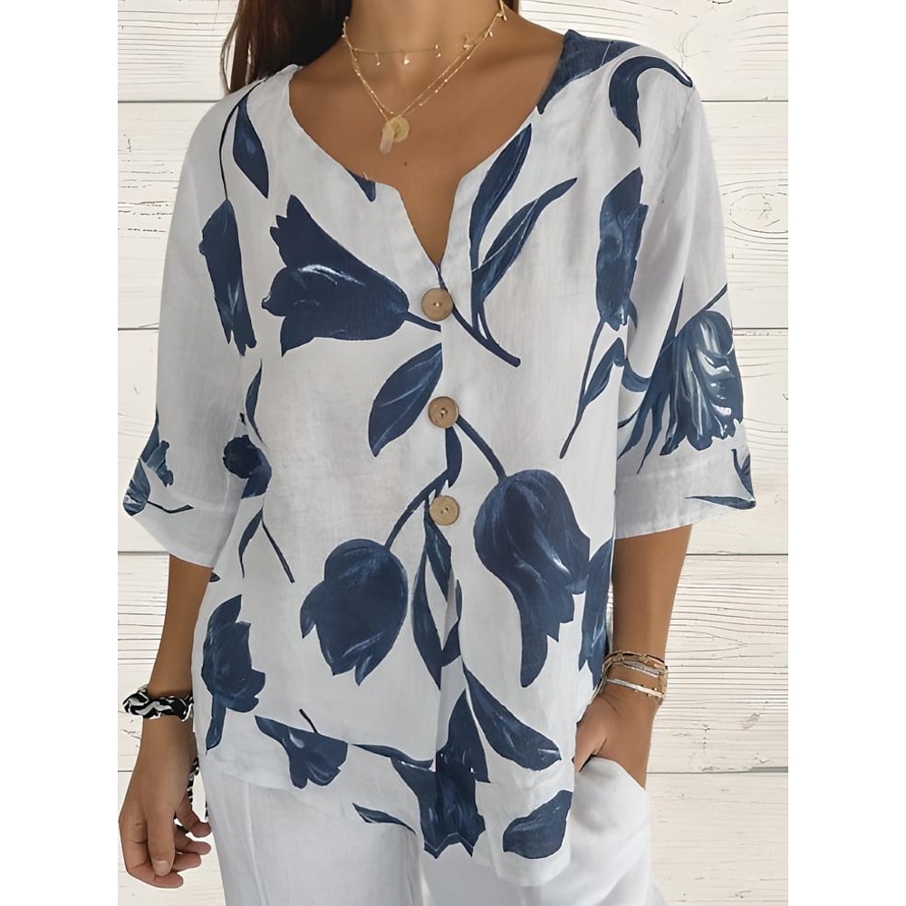 Damen Hemd Bluse Brautkleider schlicht Bedruckt 3/4 Ärmel Normale Oberteile V Ausschnitt Täglich Weiß Marineblau Blau Frühling Herbst Lightinthebox