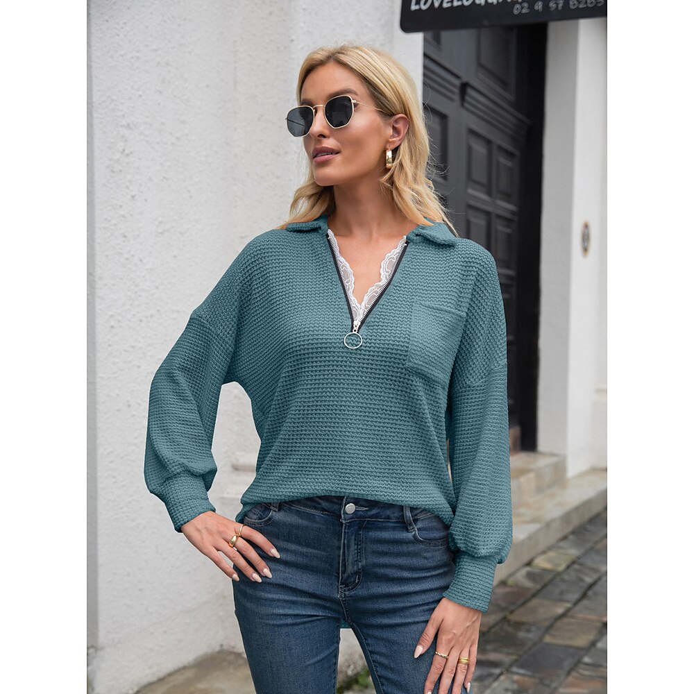 Damen Sweatshirt Pullover Brautkleider schlicht Polyester Glatt Strasse Alltagskleidung Kapuzenpullover Zip Bedruckt Langarm Blau Beige Herbst Winter Lightinthebox