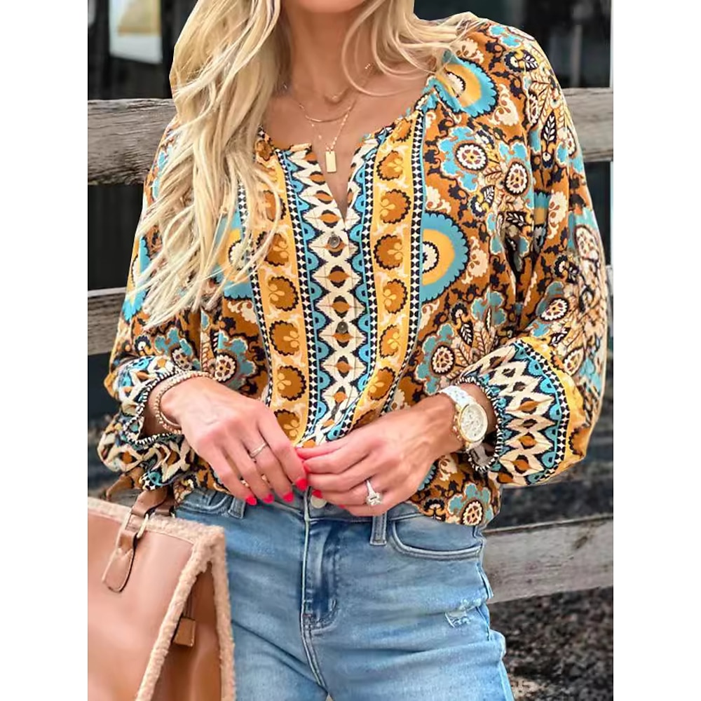 Damen Hemd Bluse Brautkleider schlicht Geometrisch Normale Oberteile Langarm Bischof Rundhalsausschnitt Knopf Bedruckt Lockere Passform Täglich Festtage Gelb Frühling Herbst Lightinthebox