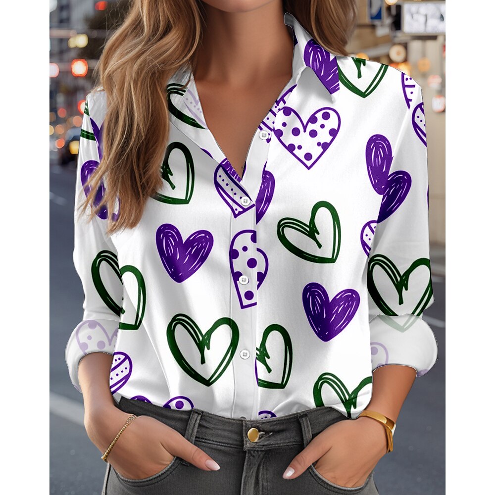 Damen-Shirt mit Valentinsherz-Motiv, lässig, Valentinstag, Herz, normale Oberteile, Langarmshirt, Kragen, Knöpfe, Aufdruck, normale Passform, täglich, lila, Frühling, Herbst, Winter Lightinthebox