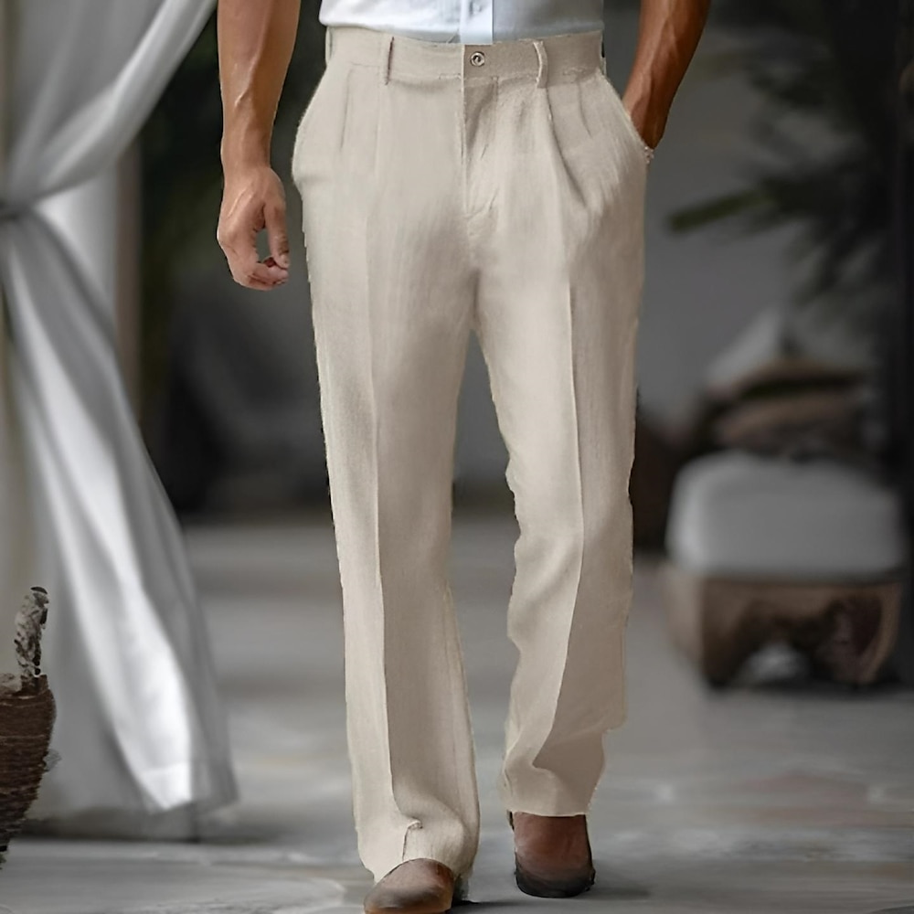 Herren Leinenhose Hose Hosen Sommerhosen Faltenhose Vordertasche Gerade geschnitten Glatt Komfort Atmungsaktiv Heim Casual Täglich Modisch Basic Schwarz Beige Lightinthebox