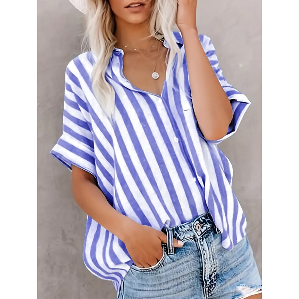 Damen Hemd Bluse Brautkleider schlicht Gestreift Normale Oberteile Kurzarm Hemdkragen Knopf Bedruckt Regular Fit Täglich Blau Grau Sommer Frühling Lightinthebox