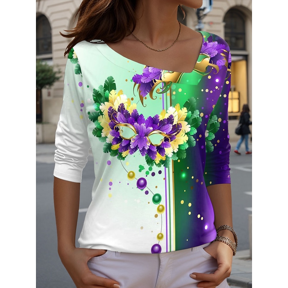 Damen T Shirt Brautkleider schlicht Karneval Graphic Normale Oberteile Langarm V Ausschnitt Bedruckt Regular Fit Täglich Grün Frühling Herbst Lightinthebox