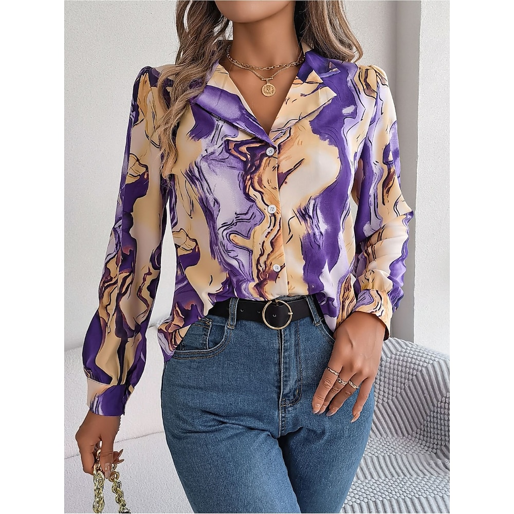 Damen Hemd Bluse Brautkleider schlicht Marmordruck Normale Oberteile Langarm Hemdkragen Knopf Bedruckt Regular Fit Täglich Wein Purpur Sommer Frühling Lightinthebox