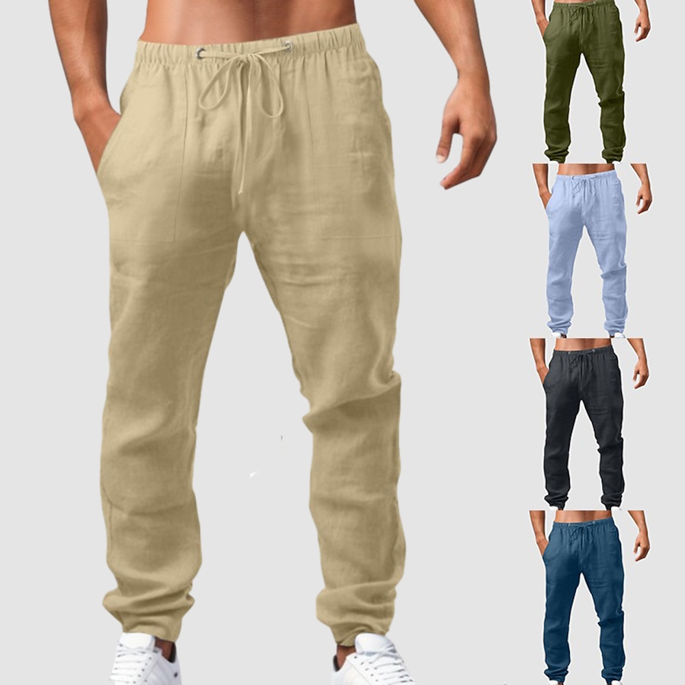 Herren Leinenhose Hose Hosen Sommerhosen Gazehose Kordelzug Elastische Taille Vordertasche Glatt Komfort Atmungsaktiv In voller Länge Casual Täglich Festtage Modisch Klassicher Stil Cachi scuro Lightinthebox