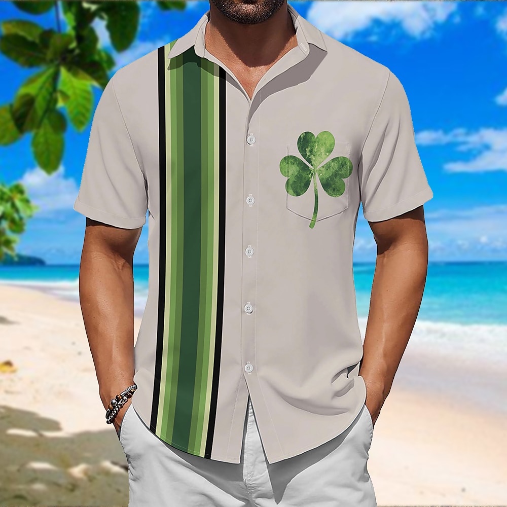 Herren Clover Linie Bowling-Shirt Kurze Ärmel Künstlerisch Brautkleider schlicht Komfortabel Outdoor Urlaub Strasse Frühling Sommer Hemdkragen Print Weiß Lightinthebox