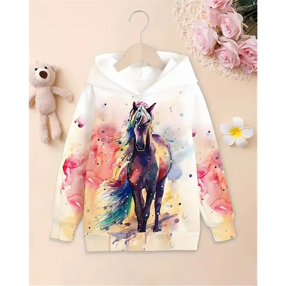 Mädchen 3D Graphic Pferd Kapuzenshirt Langarm Frühling Herbst Modisch Strassenmode kinderkleidung 4-12 Jahre Mit Kapuze Outdoor Casual Täglich Regular Fit Lightinthebox