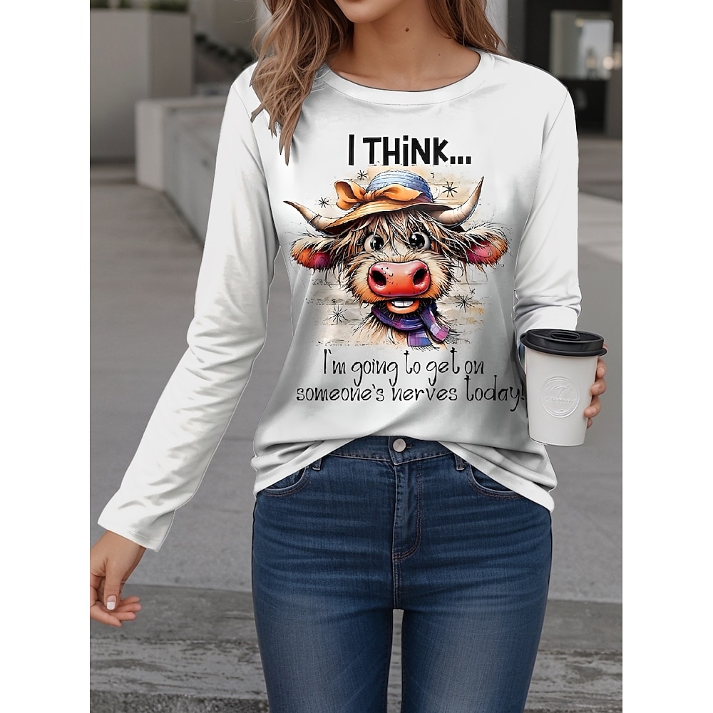 Damen T Shirt Brautkleider schlicht Tier Buchstabe Normale Oberteile Langarm Rundhalsausschnitt Bedruckt Regular Fit Täglich Wochenende Weiß Herbst Winter Lightinthebox