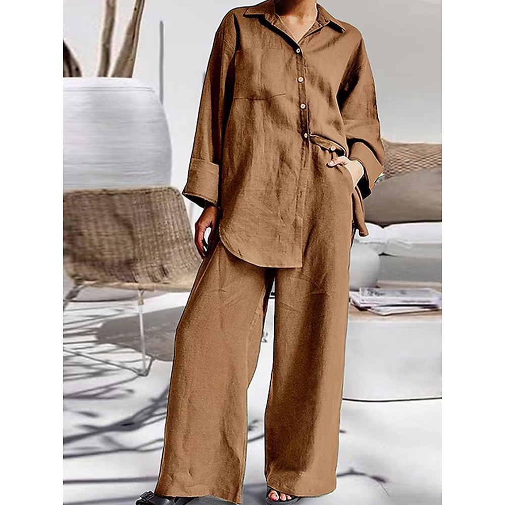 Damen Täglich Hemd Hose mit weitem Bein Hose Hosen Langarm Hemdkragen Feste Farbe Patchwork Outdoor Purpur Khaki Beige Frühling Lockere Passform Lightinthebox