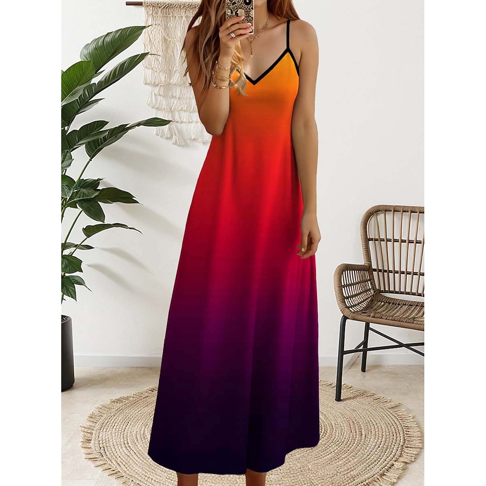 Damen Casual kleid A Linie Kleid skims dress Brautkleider schlicht Farbverlauf Maxidress Ärmellos V Ausschnitt Rückenfrei Bedruckt Regular Fit Täglich Rote Sommer Frühling Herbst Lightinthebox