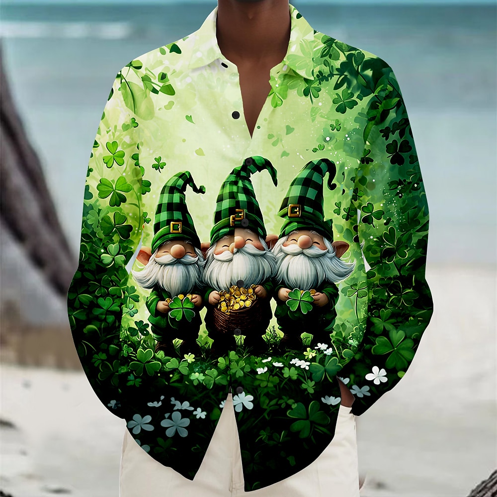 St. Patrick Herren Vierblättriges Kleeblatt Goldmünze Designer-Shirt Langarm Abstrakt Party St.Patrick's Day Sommer Frühling Herbst Ständer Knopf hoch Grün Lightinthebox