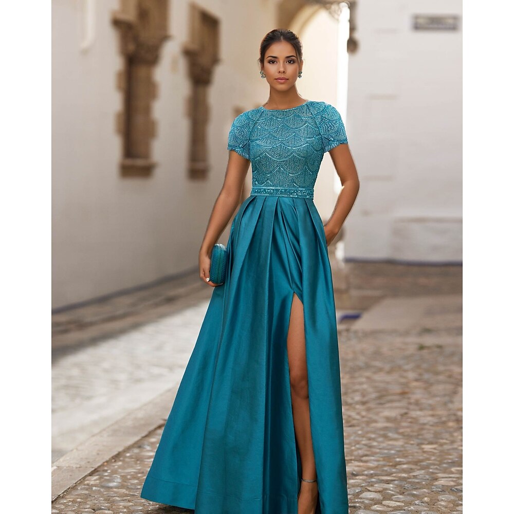 A-Linie Abendkleider Elegant Kleid Formal Boden-Länge Kurzarm Schmuck Tasche Satin mit Strass Glitzer Schlitz 2024 Lightinthebox