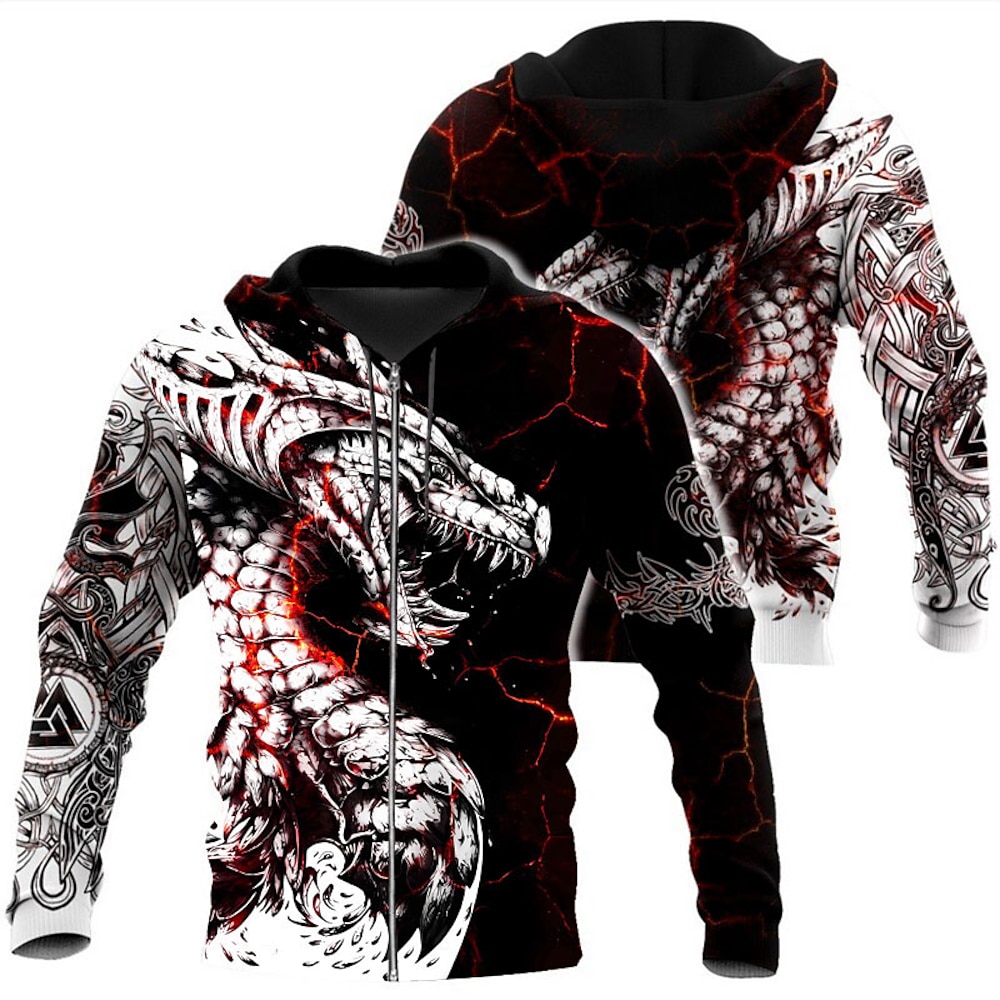 Herren Drache Grafik-Drucke Hoodie Sweatshirt Kapuze Hoodies Pullover Hoodie Sweatshirt Kapuze Langarm Sweatshirt mit Kapuze Mit Kapuze Strassenmode 3D-Druck Täglich Sport Weinrot Schwarz Bedruckt Lightinthebox