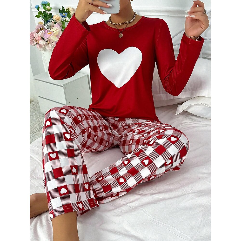 Damen Schlafanzug Set Brautkleider schlicht Komfort Herz Gitter / Plaid T Shirt Hose Heim Langarm Rundhalsausschnitt Rote Frühling Herbst Winter Lightinthebox