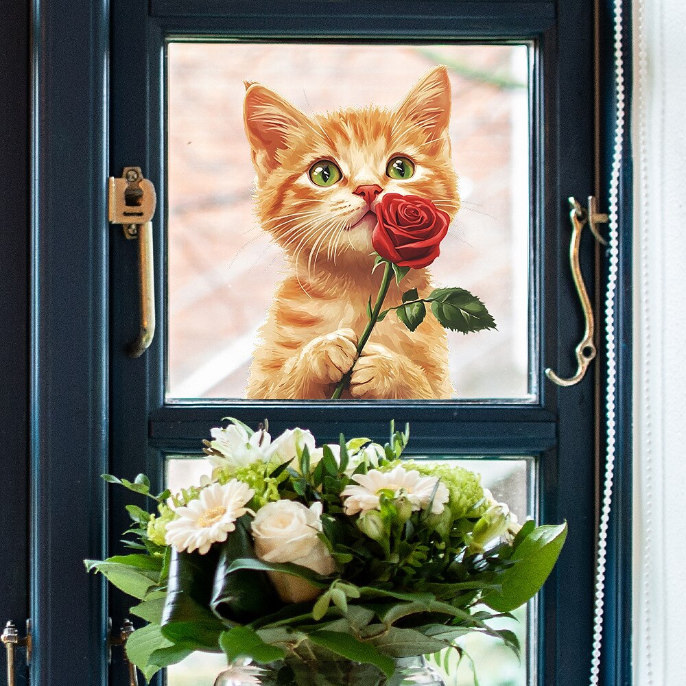 Adore Calico Katze Rose Blume Balkon Glasfenster Home dekorative Fensteraufkleber Valentinstag Dekoration Lightinthebox