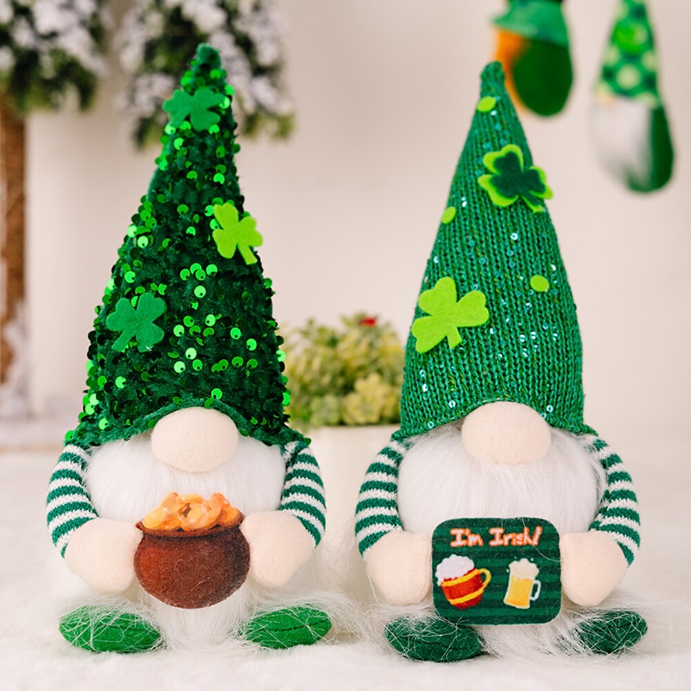 Plüschzwerge zum St. Patrick's Day, Paillettenmütze mit Lichtern, Rudolph-Figur, Kleeblatt, grünes Blatt, Weihnachtszwerg-Dekoration Lightinthebox