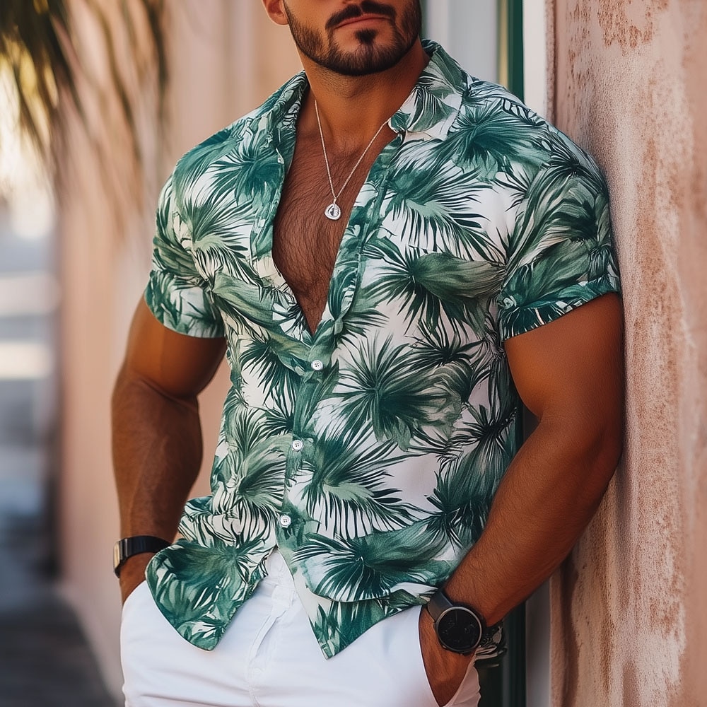 Herren Blatt Tropisch Hawaiihemd Sommerhemd Aloha-Shirt Kurzarm Hawaiianisch Urlaub Sommer Frühling Umlegekragen Knopf hoch Weiß Blau Orange Grün Lightinthebox