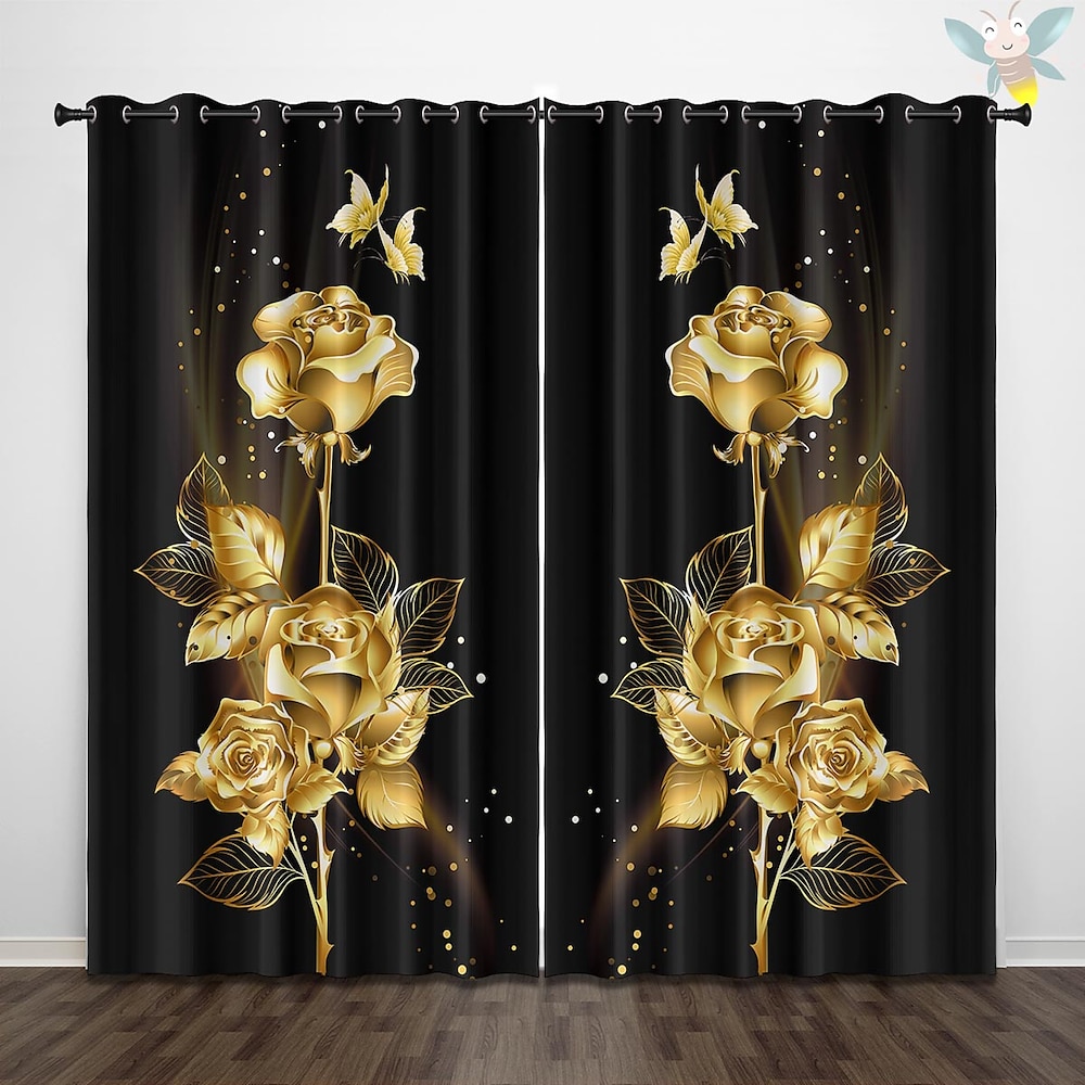 Goldene Rose Pfau isolierte Balkonruhe für den Außenbereich Wohnzimmer-Heimdekoration 2-teiliges Set 3D-Digitaldruck perforierte Schattenvorhänge Lightinthebox