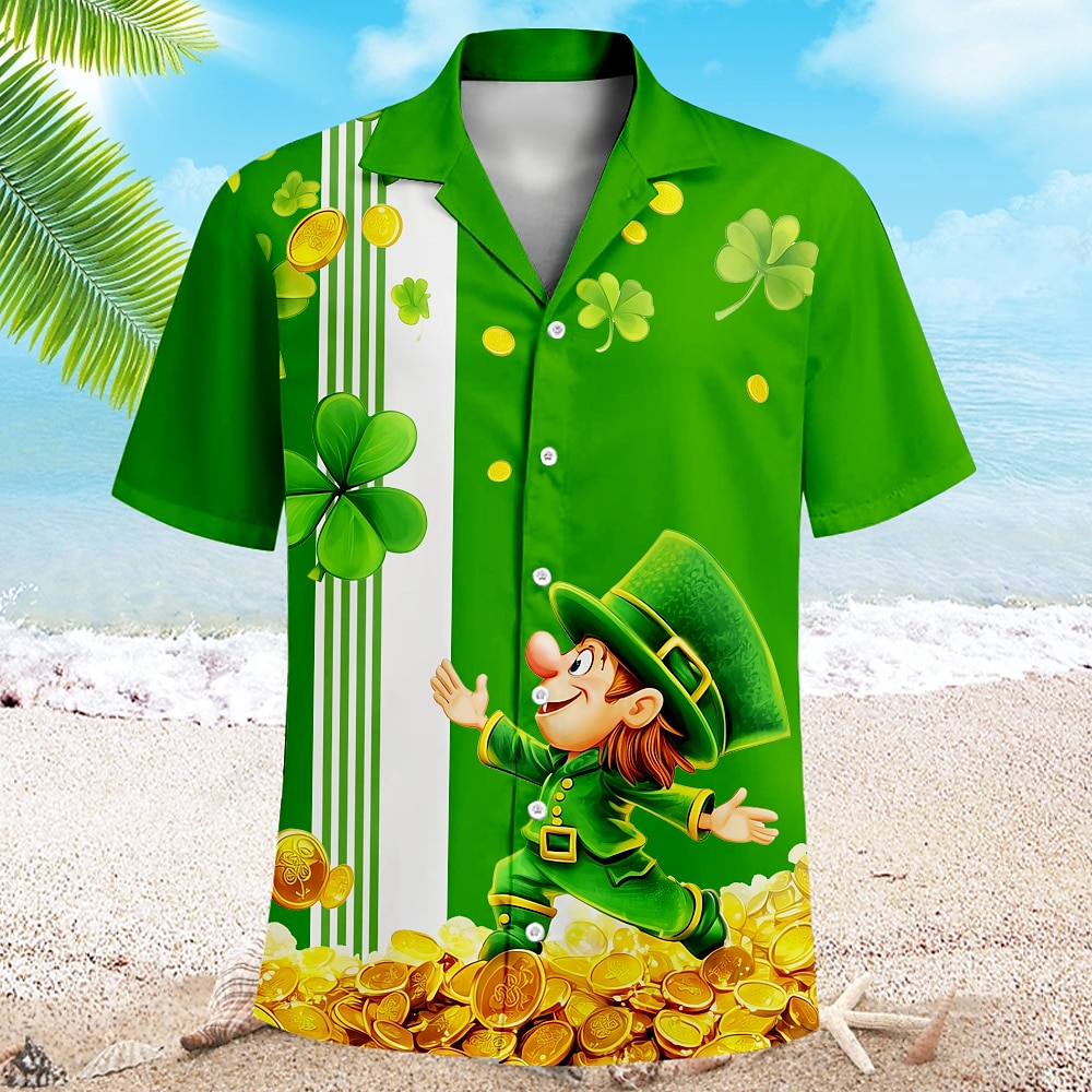 St. Patrick Herren Kleeblatt Goldmünze Lässiges Hemd Kurzarm Brautkleider schlicht St.Patrick's Day Sommer Frühling Umlegekragen Knopf hoch Schwarz Grün Lightinthebox