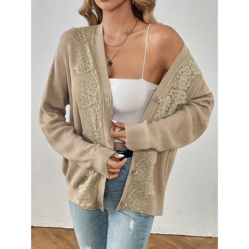 Damen Pullover Strickjacke Brautkleider schlicht Weich Einfarbig Gerippt V Ausschnitt Spitze Knopf Strick Langarm Normale Oberteile Stricken Outdoor Täglich Wochenende Khaki Herbst Winter Lightinthebox